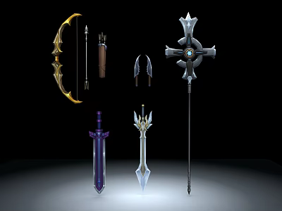 Mythical Fantasy Weapons Collection Featuring Bow Arrows Sword Staff And Shield 3d model