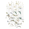 Artistic Modern Chandelier With Hanging Bird Shaped Elements Golden Rings And Various Colors