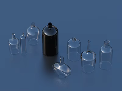 Transparent Glass Bottles With Various Shapes And A Black One On Blue Background 3d model