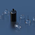 Transparent Glass Bottles With Various Shapes And A Black One On Blue Background