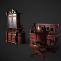 Vintage Mahogany Cabinet With Carved Details Glass Doors And Matching Desk