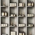 Modern Retail Display Shelves with Organized Bottles Candles and Decorative Boxes
