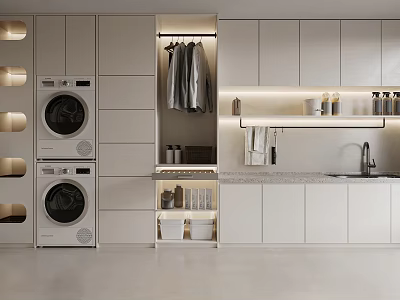 Modern Laundry Room Interior Design With Washing Machine Dryer Clothes Rack And Storage Cabinets 3d model