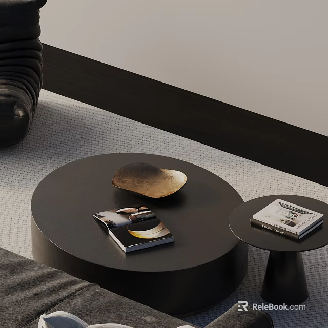 Stylish Modern Sofa and Coffee Table Set With Black Round Table Side Table and Decorative Magazines 3d model