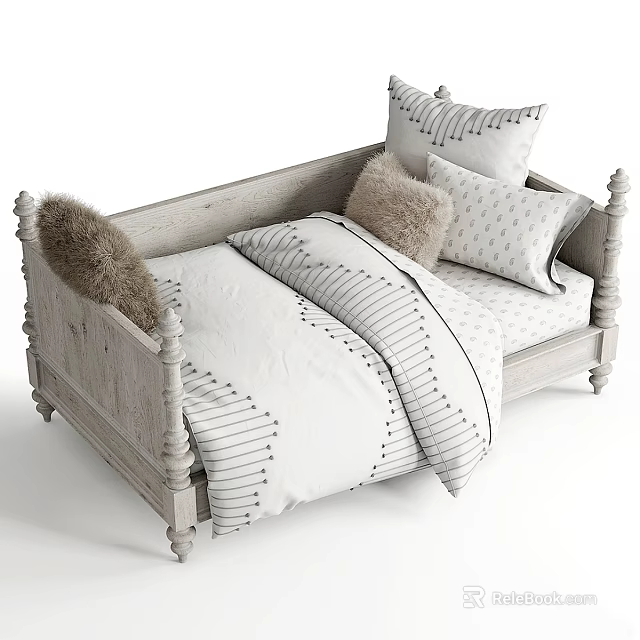 Stylish Wooden Kids Bed With White Frame Striped Bedding Pillows And Furry Cushion 3d model 