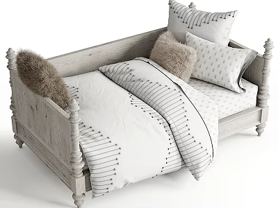 Stylish Wooden Kids Bed With White Frame Striped Bedding Pillows And Furry Cushion 3d model