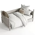 Stylish Wooden Kids Bed With White Frame Striped Bedding Pillows And Furry Cushion