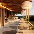 Natural Ambiance Wooden Dining Kitchen Interior With Green Plants Hanging Lights And Dining Table Chairs