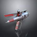 Futuristic Sci Fi Weapon With Silver Metal Body Red Stripe Accents And Retro Futuristic Design