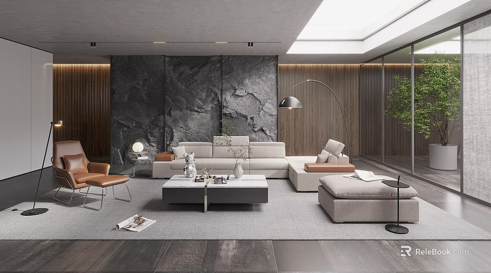 Elegant Modern Living Room Interior With Marble Wall Wooden Accents Leather Armchair And Skylight 3d model 