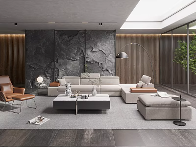 Elegant Modern Living Room Interior With Marble Wall Wooden Accents Leather Armchair And Skylight 3d model