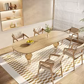 Modern Wooden Dining Table Set With Chairs Fruit Bowl And Vase On Rug