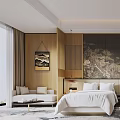 Modern Hotel Room Interior With Wooden Walls Hanging Landscape Painting Sofa And Bed