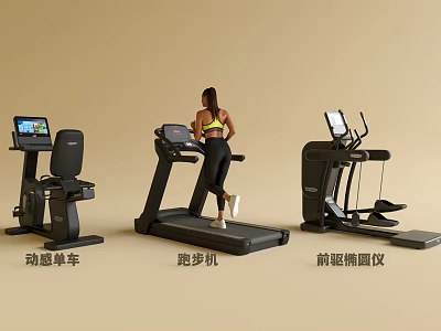 Fitness Equipment With Treadmill Spinning Bike Elliptical Trainer And Woman Exercising At Home 3d model