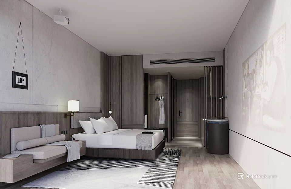 Modern Hotel Room Interior With Comfortable Bed Nightstand Lamp And Wooden Furniture 3d model 