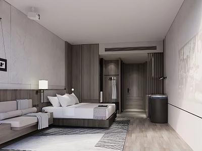 Modern Hotel Room Interior With Comfortable Bed Nightstand Lamp And Wooden Furniture 3d model