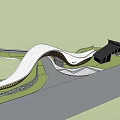 Modern Entrance Gate With Curved White Roof Wooden Structure Green Lawn And Trees