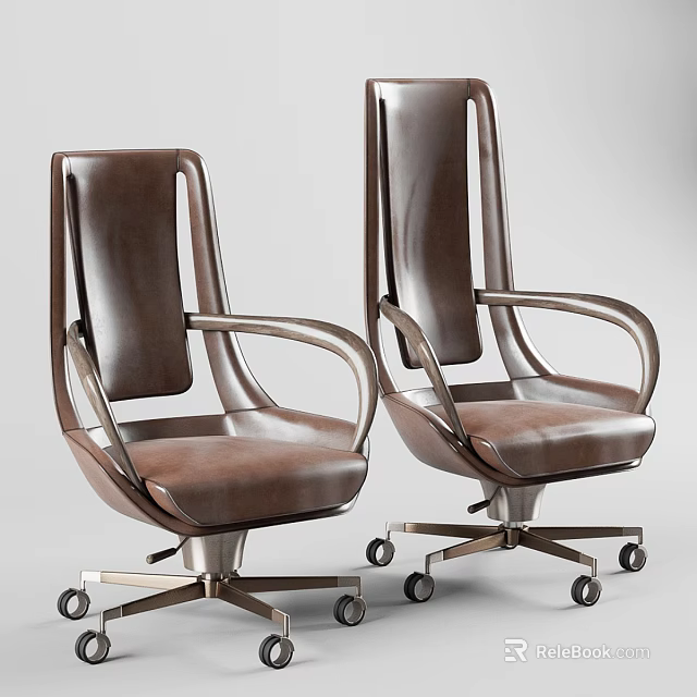 Swivel Brown Leather Office Chair With Ergonomic Design Armrests And Rolling Wheels 3d model 