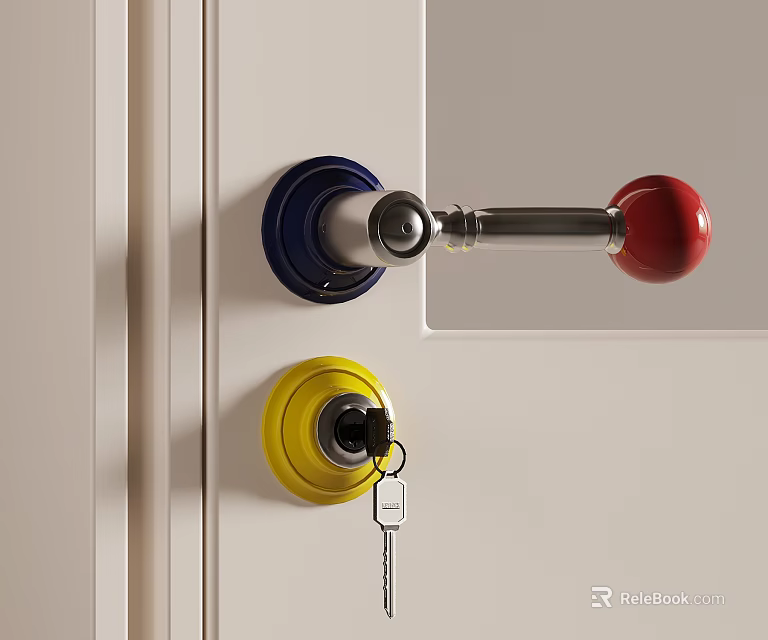 Colorful Door Handle With Red Knob Yellow Lock And Key On White Door 3d model 
