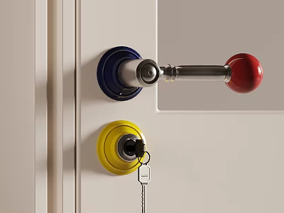 Colorful Door Handle With Red Knob Yellow Lock And Key On White Door 3d model