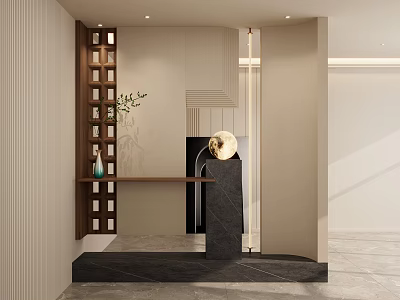 Modern Stylish Entryway Interior With Wooden Shelf Decorative Plant And Marble Floor 3d model