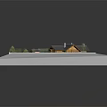 Cartoon Scene of Charming Residential Area with Houses Green Lawns Roads and Central Pond