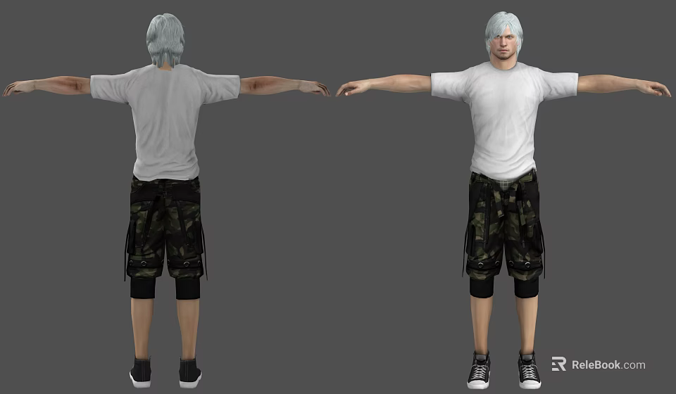 Man in White T-shirt Camouflage Shorts Black Shoes White Hair Arms Outstretched Front Back Views 3d model 