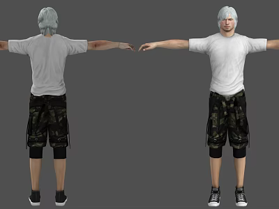 Man in White T-shirt Camouflage Shorts Black Shoes White Hair Arms Outstretched Front Back Views 3d model