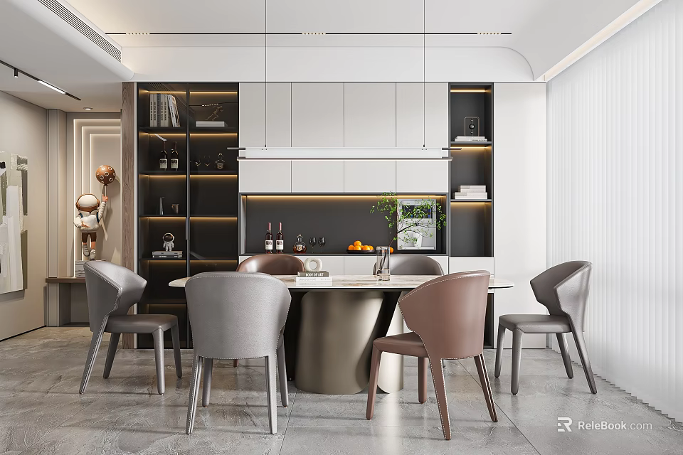 Modern Restaurant Interior With Round Dining Table And Gray Upholstered Chairs 3d model