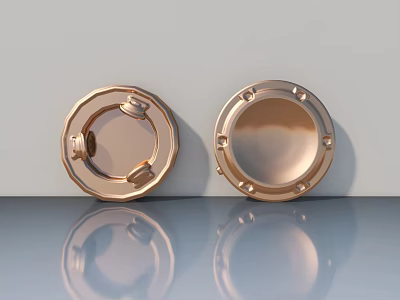 Stylish Copper Swing Door Design With Circular Metal Handle And Decorative Hinges 3d model