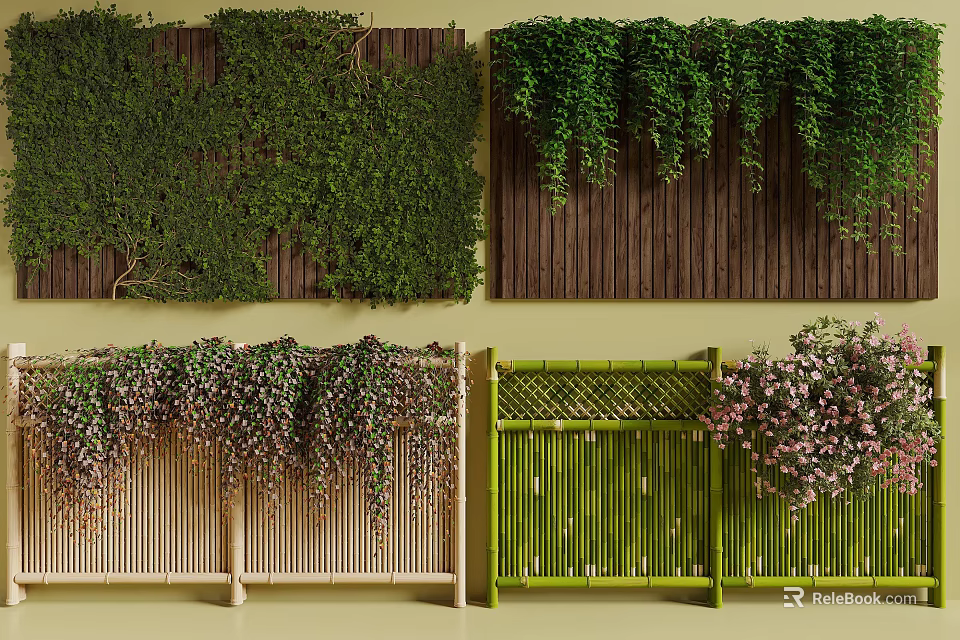 Lush Green Vines Covering Wooden Walls And Hanging On Bamboo Fences With Pink Flowers 3d model 