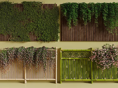 Lush Green Vines Covering Wooden Walls And Hanging On Bamboo Fences With Pink Flowers 3d model