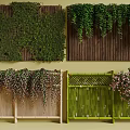 Lush Green Vines Covering Wooden Walls And Hanging On Bamboo Fences With Pink Flowers