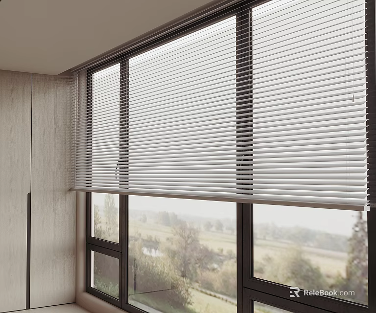 White Venetian Blinds In Modern Interior Large Windows With Natural Scenic View 3d model 