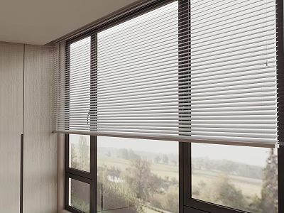 White Venetian Blinds In Modern Interior Large Windows With Natural Scenic View 3d model