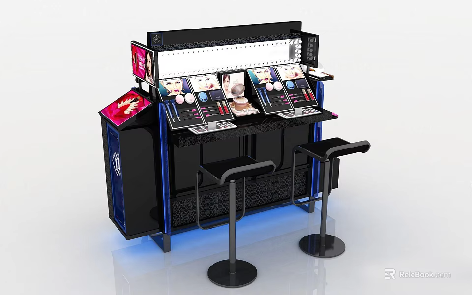 Modern Cosmetics Display Shelf With Double Show Areas LED Lighting and Black Stools 3d model 