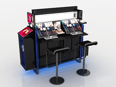Modern Cosmetics Display Shelf With Double Show Areas LED Lighting and Black Stools 3d model