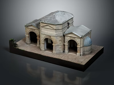 Stone Architectural Model Building With Arched Doorways Gray Roof And Square Base 3d model