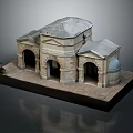 Stone Architectural Model Building With Arched Doorways Gray Roof And Square Base