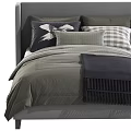 Modern Double Bed With Upholstered Headboard Gray Blue Bedding Pillows And Throw Blankets 3d model