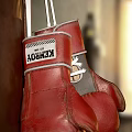 Two Brown Leather Boxing Punching Bags with Red Gloves Hanging as Sports Equipment