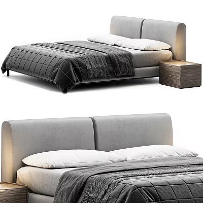 Modern Upholstered Double Bed With Grey Headboard White Pillows And Wooden Bedside Table 3d model