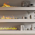Stylish Decorative Ornament Combinations With Vases Sculptures On White Shelves And Flame Decorations