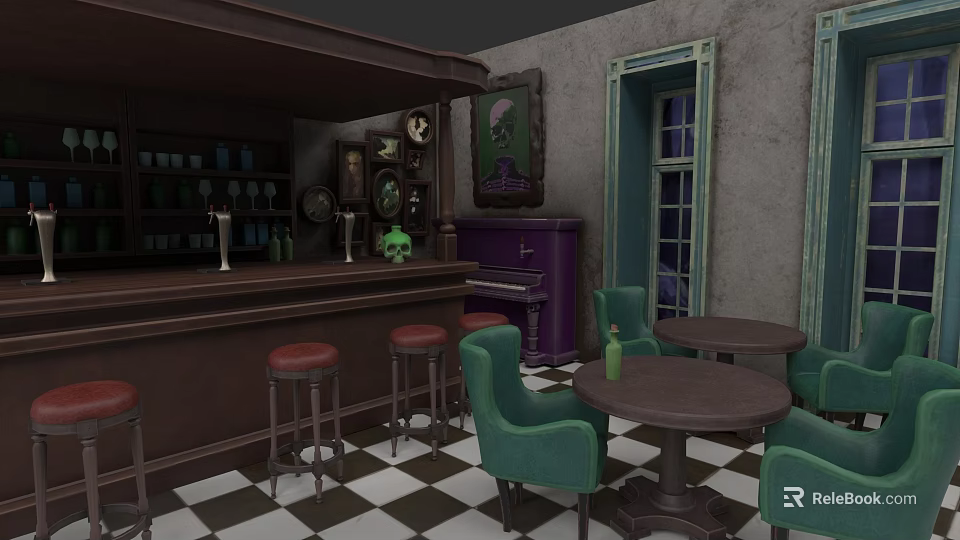Vintage Industrial Interior With Green Sofa Set And Round Coffee Table 3d model 