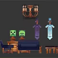 Pixel Art Style Blue Sofa Coffee Table Set With Side Table Chandelier And Decorative Cube