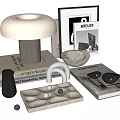 Modern Minimalist Decorative Ornament Set With Mushroom Lamp Framed Art Interior Books And Pebble Accents