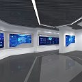 Modern Technology Exhibition Hall With Glass Display Cases And Blue Digital Screens