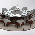 Round Dining Table Set With Eight Gray Brown Chairs Tableware Vase White Flowers Round Rug 3d model