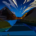 Mountain Range River Valley With Blue Sky Clouds And Green Trees Boat