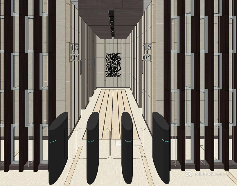 Modern Elevator Hallway Interior Design With Wooden Floor And Metal Doors 3d model 